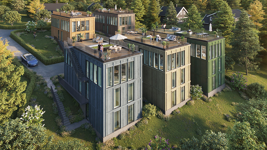 3D visualisering av bolig til salgs utvendig - moderne stil med takterrasse i Oslo