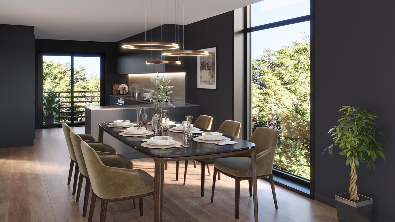 3D visualisering av interiør - Kjøkken og stue med åpen løsning i Moderne stil