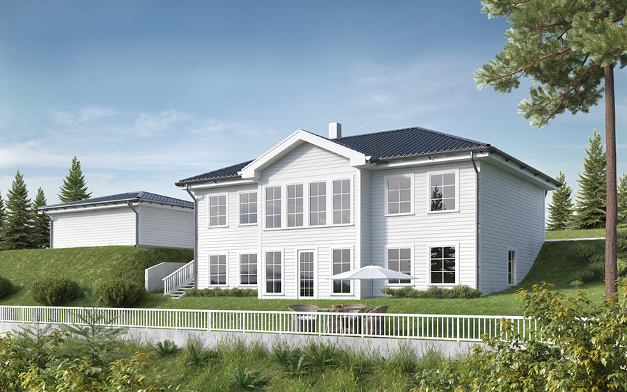 3Dvisualisering av klassisk hus i hvit farge - liggende panel og store vinduer med nydelig utsikt