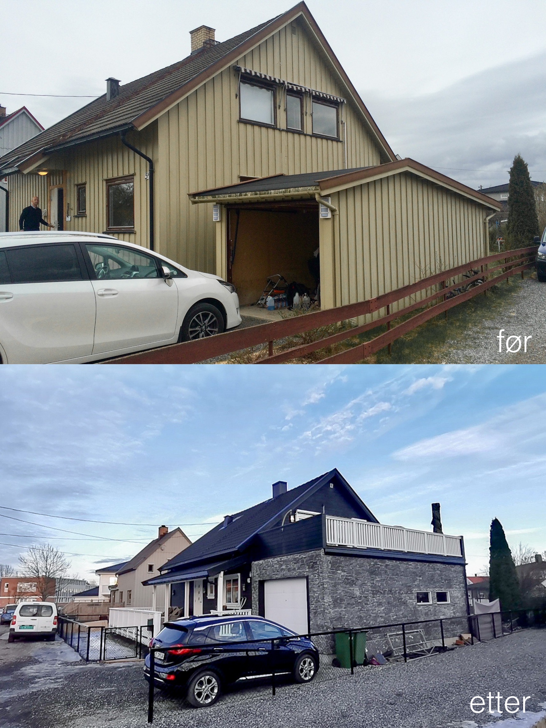Før og etter bilde av et byggeprosjekt i Lillestrøm - Arkitekttegninger og byggesøknadstegninger av tilbygg med garasje