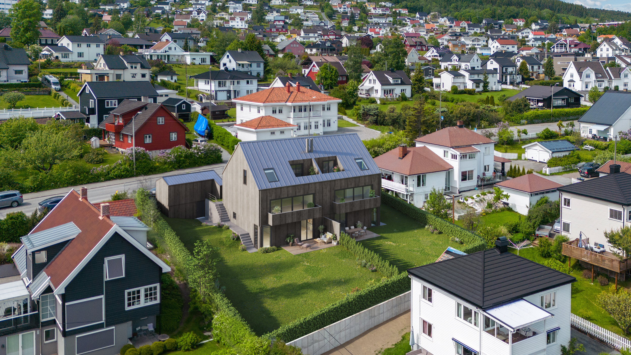 3D visualisering av eksteriør - Illustrasjon av bolig med terrasser i landlige omgivelser - grå kledning og morderne stil med fint uteområde