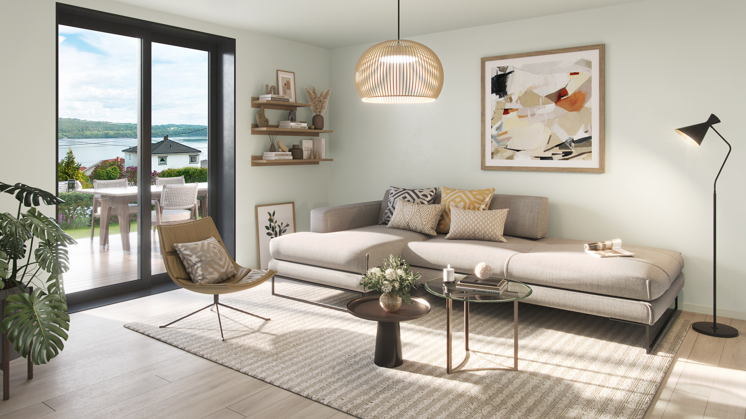 3d visualisering av interiør - Illustrasjon av stue med sittegruppe - Lyse farger og moderne stil