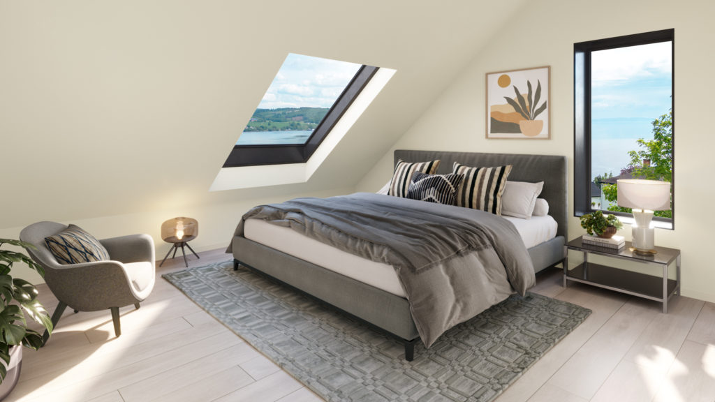 3d visualisering av interiør - Illustrasjon av soverom - Lyse farger og moderne stil