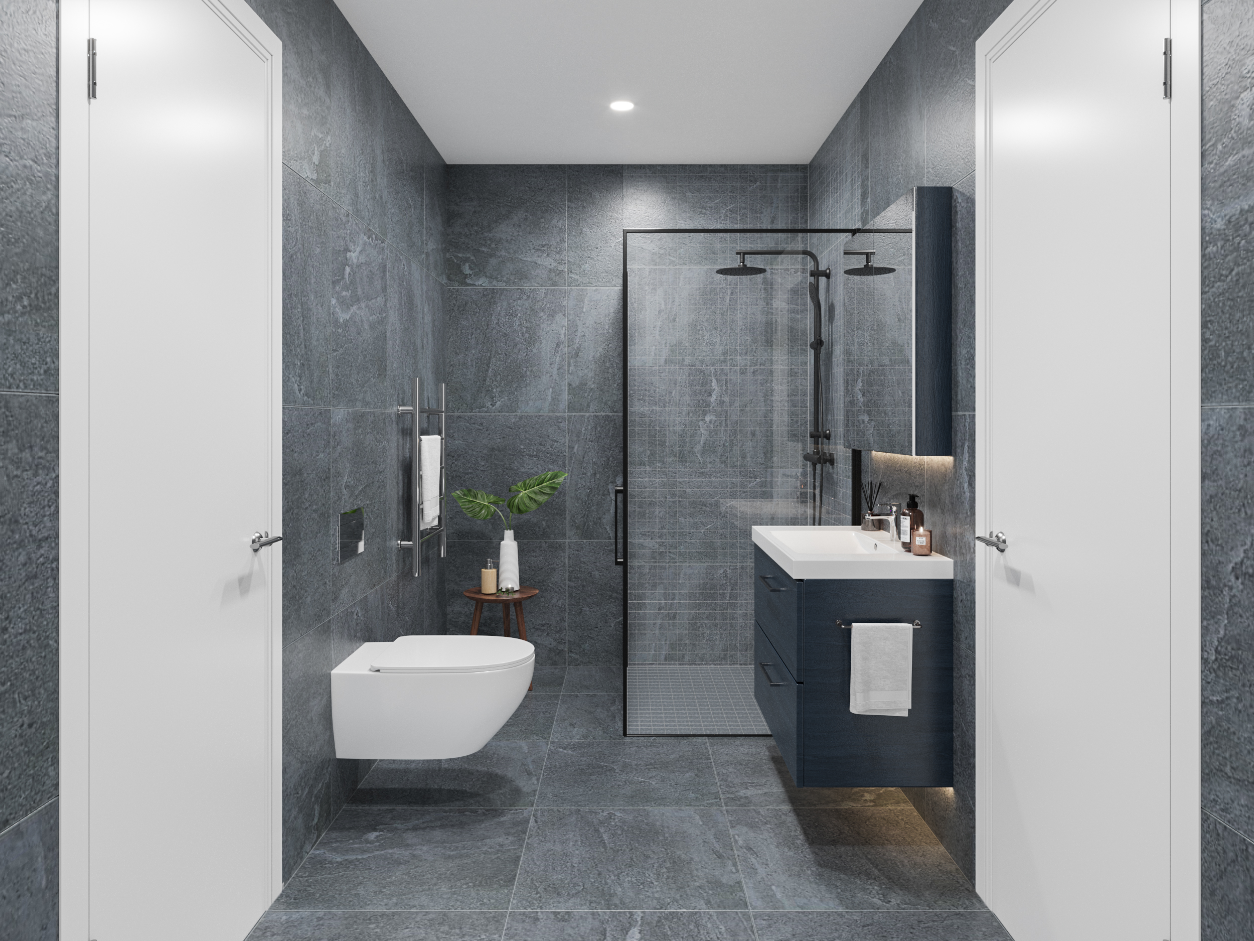3D visualisering av bad med mørke fliser og svart baderomsinnredning - dusj i glass og vegghengt toalett