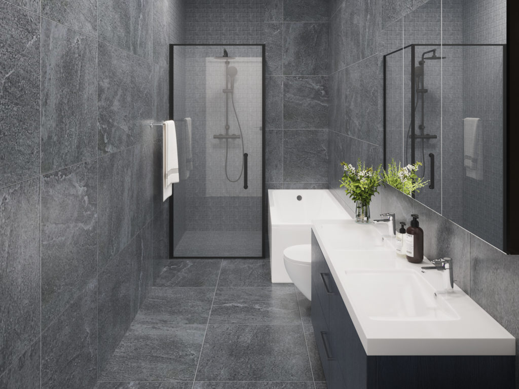 3d visualisering av interiør - Illustrasjon av bad med grå fliser - toalett, badekar og dusj i moderne stil 3D visualisering av bad med mørke fliser og svart baderomsinnredning - dusj i glass og vegghengt toalett