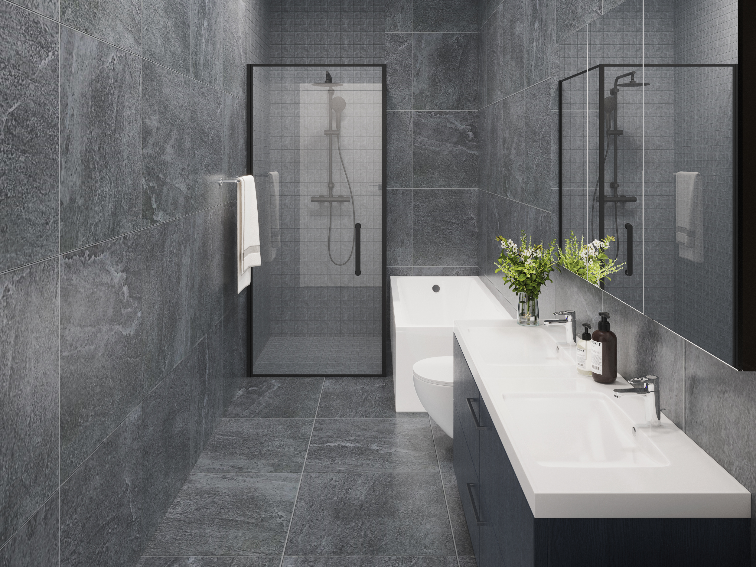 3d visualisering av interiør - Illustrasjon av bad med grå fliser - toalett, badekar og dusj i moderne stil