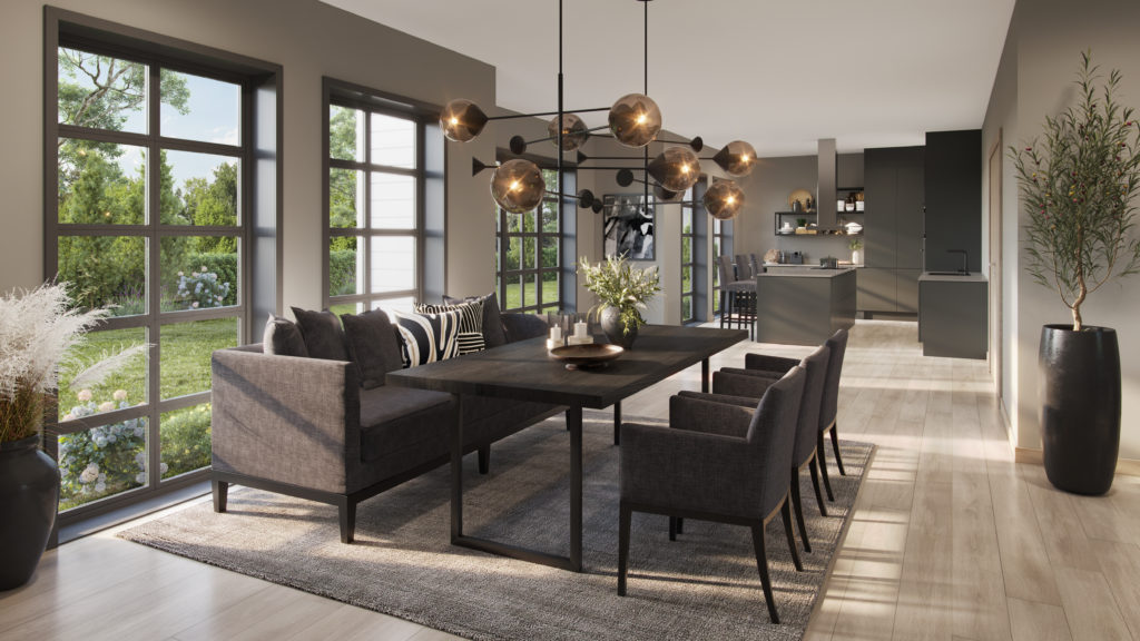 3D visualisering av stue og kjøkken - moderne stil i brun aktig farge