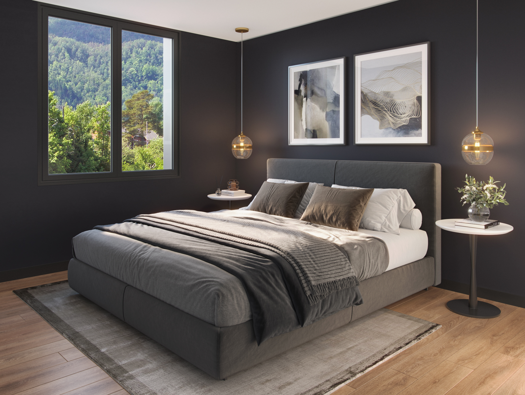 Soverom med nydelig utsikt - moderne stil med teppe og fine bilder