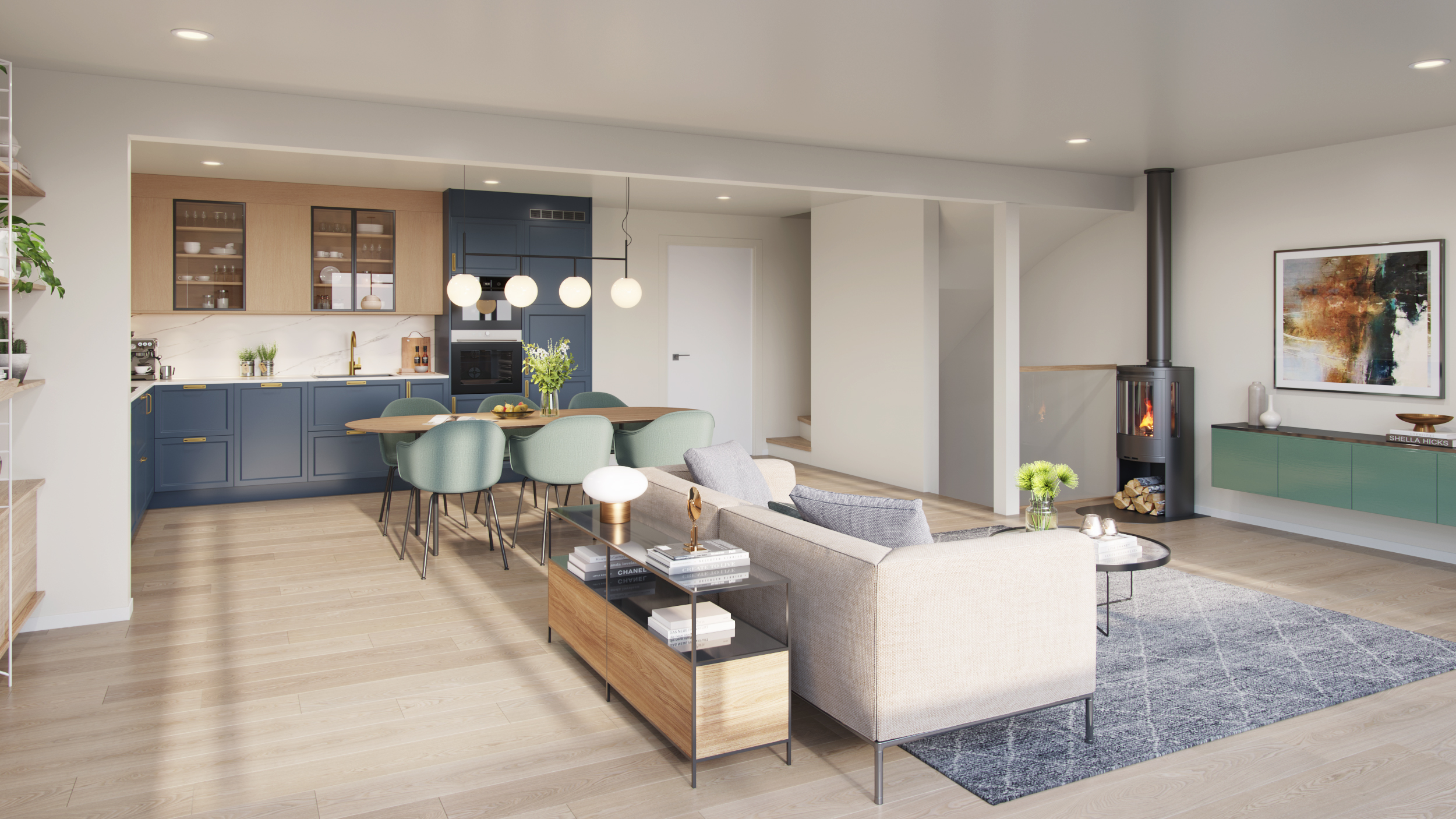 Stue og kjøkken i samme rom - moderne stil med lyse farger