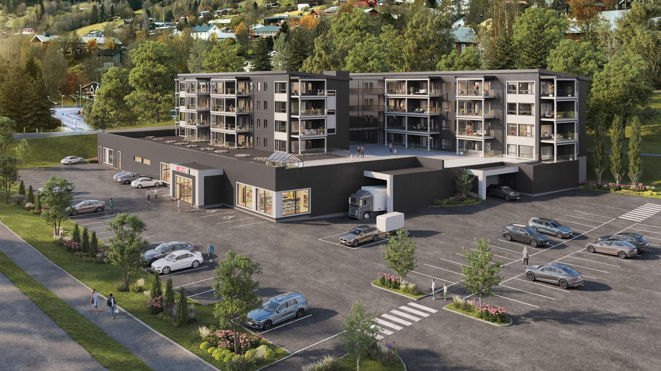 3D visualisering av næringsbygg og boliger - 3D bilde utvendig av eksteriør